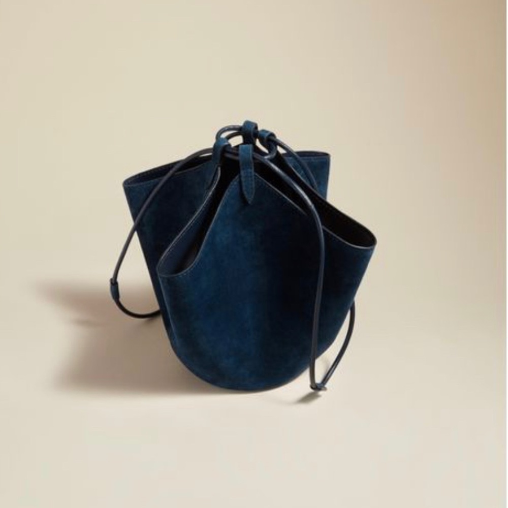 NWT Khaite Mini Lotus drawstring bag in Midnight Blue Suede